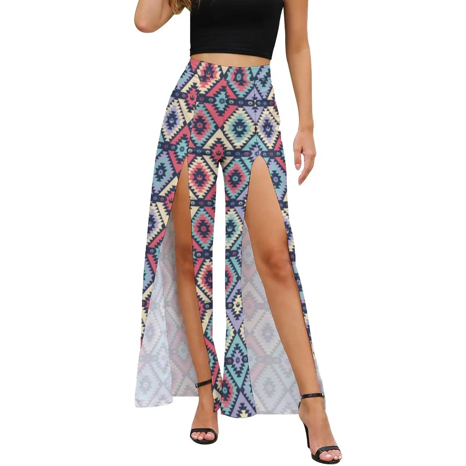

Geometric Tribal Pants Female Symbols Street Wear Pattern Trousers Summer High Waist Modern Wide Pants Birthday Gift