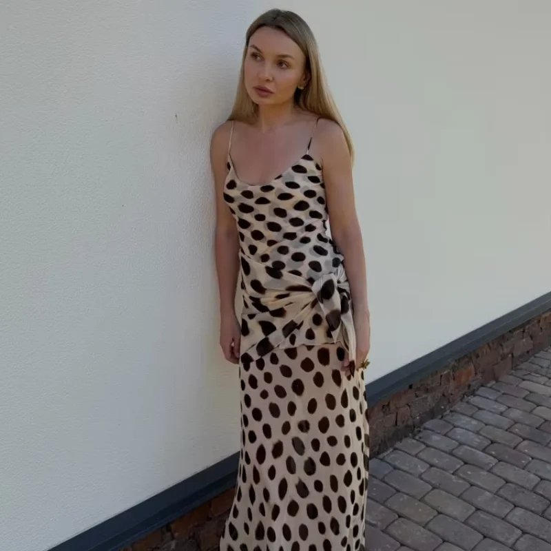 Модное платье-комбинация с животным принтом, V-образным вырезом, сборками и завязками, сексуальное макси-платье для женщин, стильное ретро-платье для вечеринок, летние уличные наряды (art.: 3920db365dcba) - 3920db365dcba