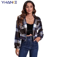 women plaid crop jacket women 2022 spring autumn casual ladies short coats long sleeve turn down collar outwear with pockets