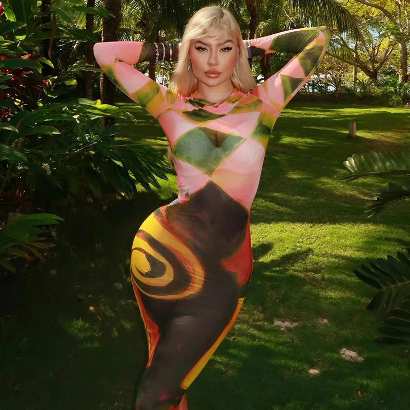 

Женская одежда в американском стиле, осенняя Новая модная облегающая юбка с принтом и круглым вырезом и длинными рукавами, Лидер продаж