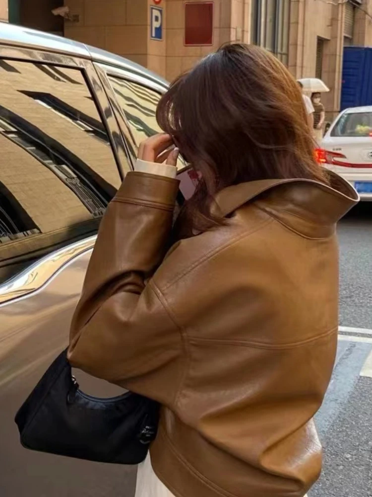 Vintage Button Leather Cropped Jacket Women Loose Korean Fashion Thin Biker Jacket Female Streetwear 2022 Autumn Chic Moto Coats