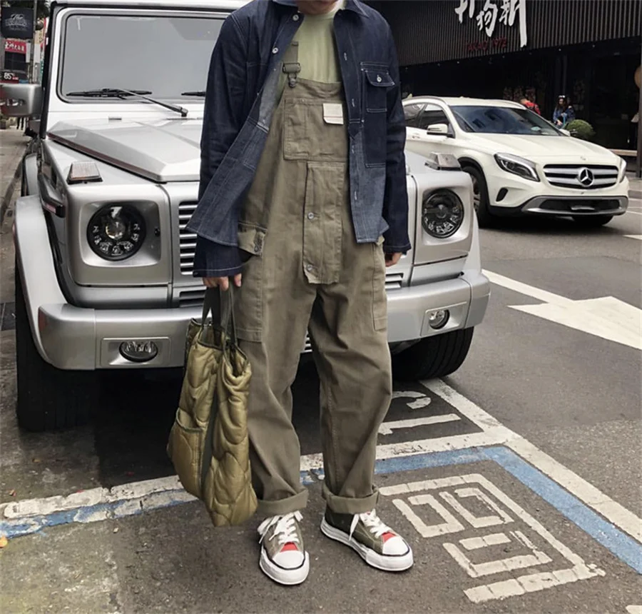 2024 New Men's Cargo Pants Casual Streetwear Solid Color Loose Overalls Multi-Pocket Jumpsuit Men Suspenders Baggy Work Wear