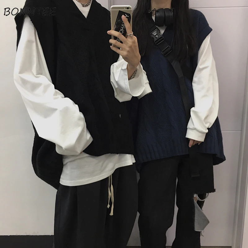 

Sweater Vest Women Loose Unisex Ins Korean Style Vintage Fashion Couple V-neck Casual Solid Chic Outerwear Street Spring Young