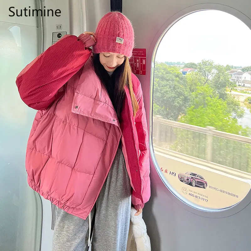 Pink Down Jacket Women's Color Contrast Stitching Fashionable New Style Coat Women Winter 2022 Office Lady Loose Down Coats