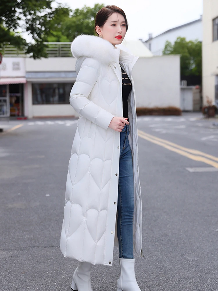 New Women Real Fox Fur Collar Down Coat Winter Fashion Hooded Thicken Warm Slim Lengthened Down Jacket White Duck Down Overcoat