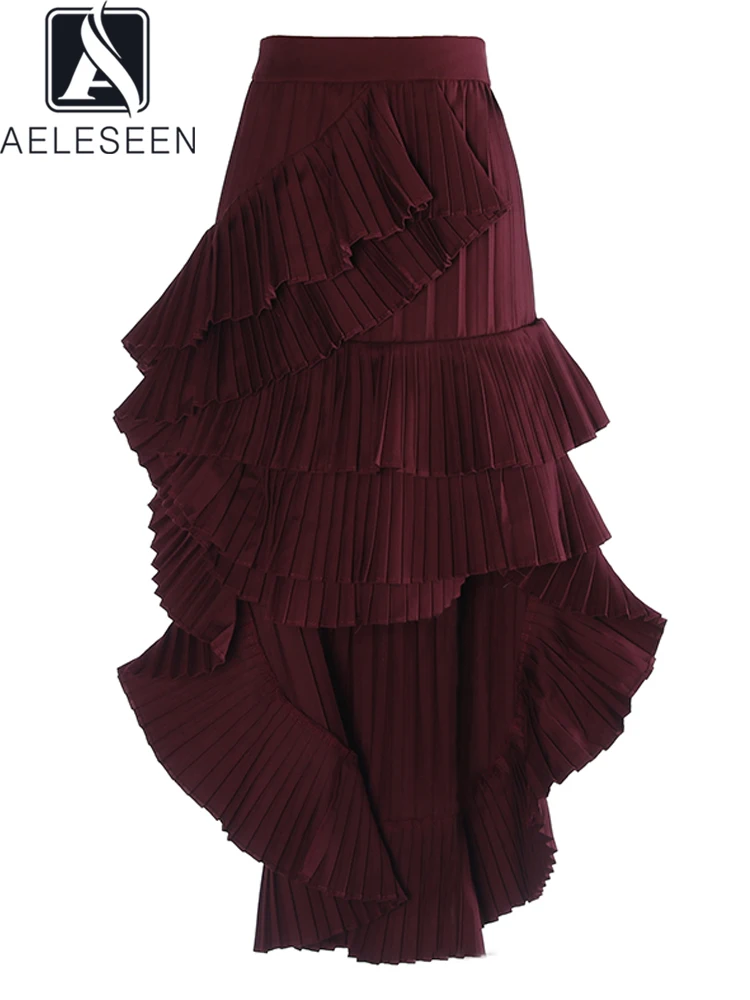 

Женская Асимметричная юбка AELESEEN, черная плиссированная юбка бордового цвета с высокой талией на осень и зиму, вечерние в стиле пэчворк
