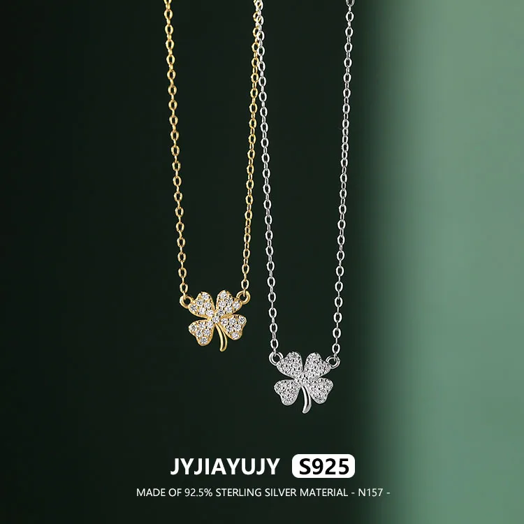 

JYJIAYUJY 100% Sterling Silver S925 Necklace 9.5MM Clover With Full White Zircon Design O Chain Jewelry Gift Daily Use N157