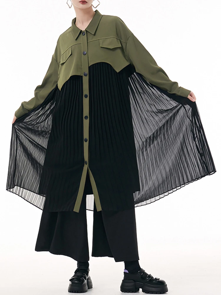 

XITAO Casual Patchwork Shirt Dress Female Personality Contrast Color Gauze Folds Women Autumn Loose Trend Dress 2023 HQQ1454