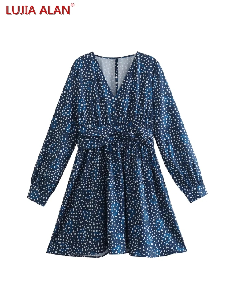 

Polka Dot Printing V-Neck Women Dress Autumn Female Long Sleeve Mini Vestidos Elegant Streetwear LUJIA ALAN WD507