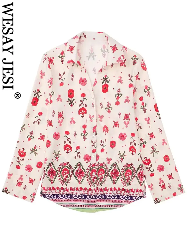 

WESAY JESI Женская Повседневная красная рубашка с цветочным принтом в стиле ретро 2022 модная свободная однобортная рубашка с отворотом и длинным...