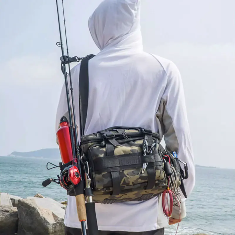 Outdoor Waterproof Fishing Bag Cross Body Sling Fishing Tackle Backpack with Rod Holder Box Storage Military Compact Lure Bag