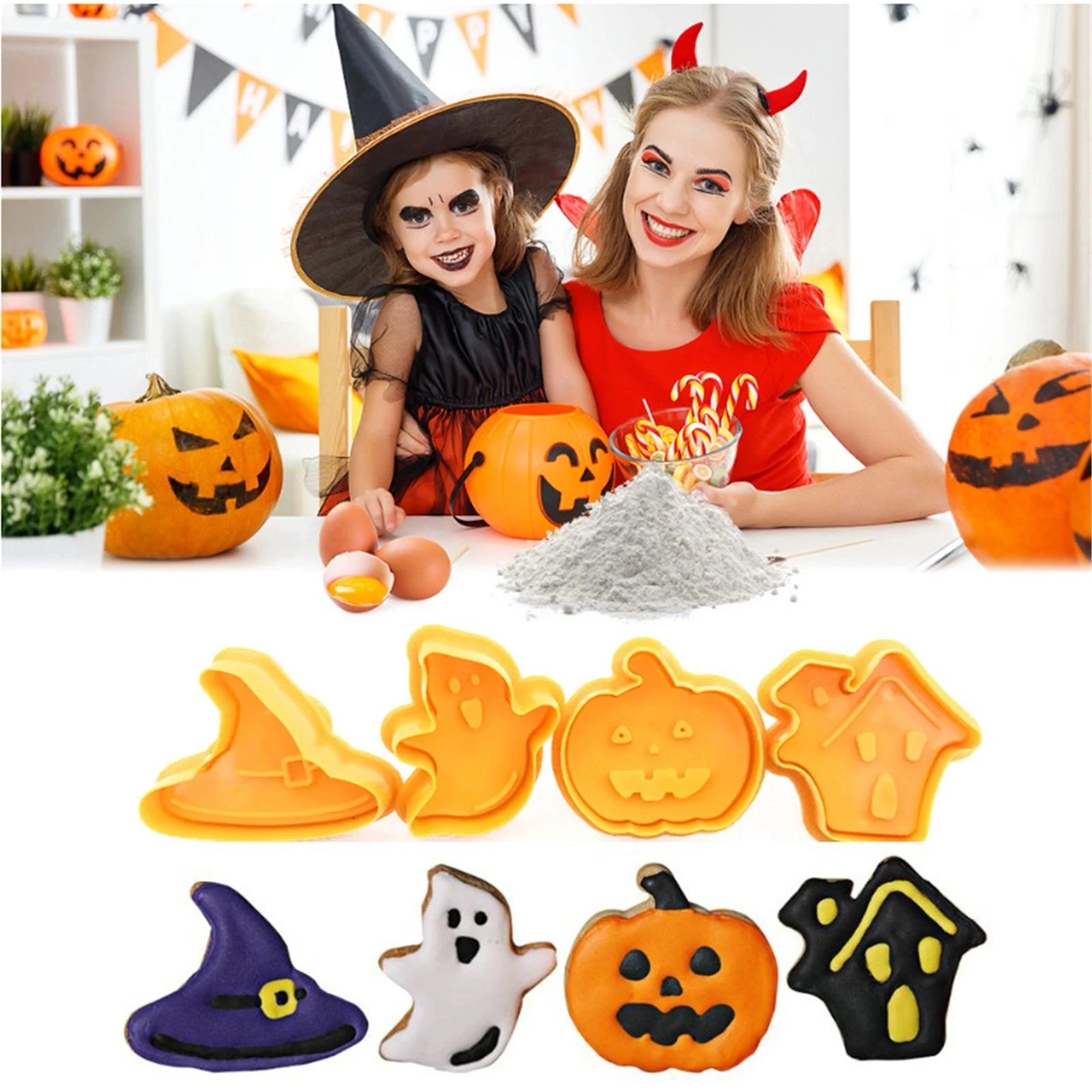 

4Pcs Halloween Ghost Cookie Plunger Fudge Cutter 3D Cartoon Baking Mould Stamp Biscuit Diy Fondant Kitchen Cake Decorating Tools