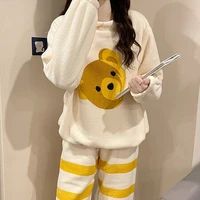 new autumn and winter plus velvet warm pajamas long sleeved coral velvet all match cute sweet round neck pullover pajamas