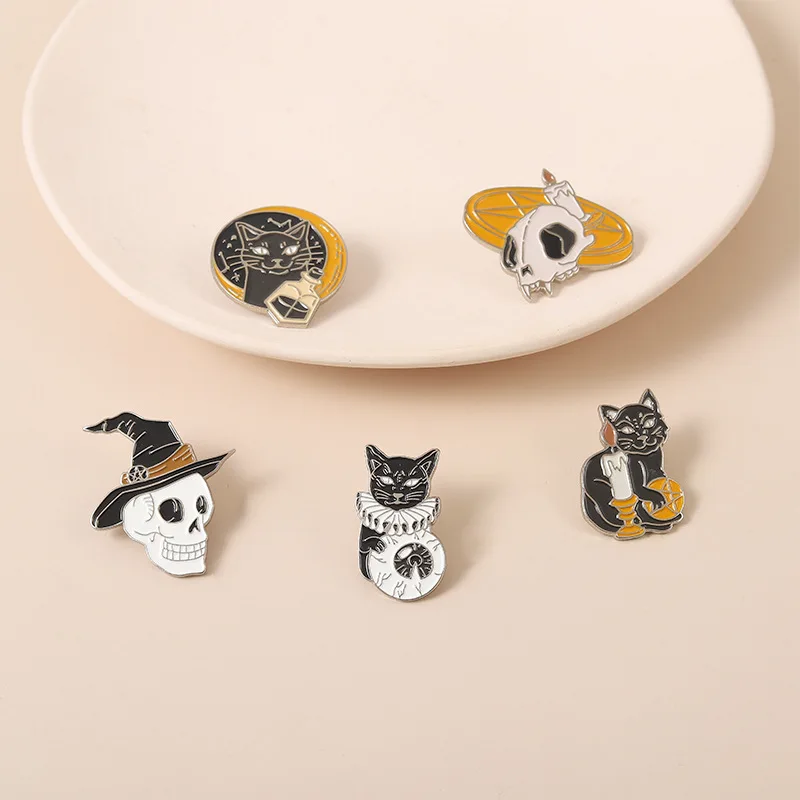 

Cartoon noble candle magic potion black cat element metal Brooch skull shaped alloy enamel pin accessories with Wizard Hat