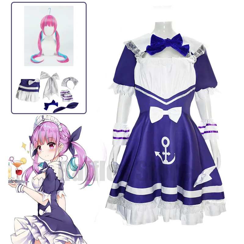 

VTuber Hololive Cosplay Minato Aqua Cosplay Costume Pink Wig Maid Outfit Uniform Dress Cute Suit Halloween Ponytail Wig Women