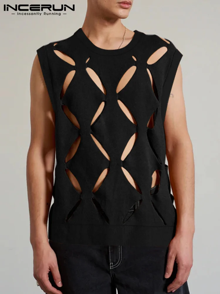 

American Style Men's Fashion Solid Color Waistcoat Casual Streetwear Male Hot Sale Diamond Hollow Vests S-5XL INCERUN Tops 2022