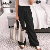 summer new casual solid mid waist womens loose cotton long pants fashion home lace up wide leg straight trousers elegant female