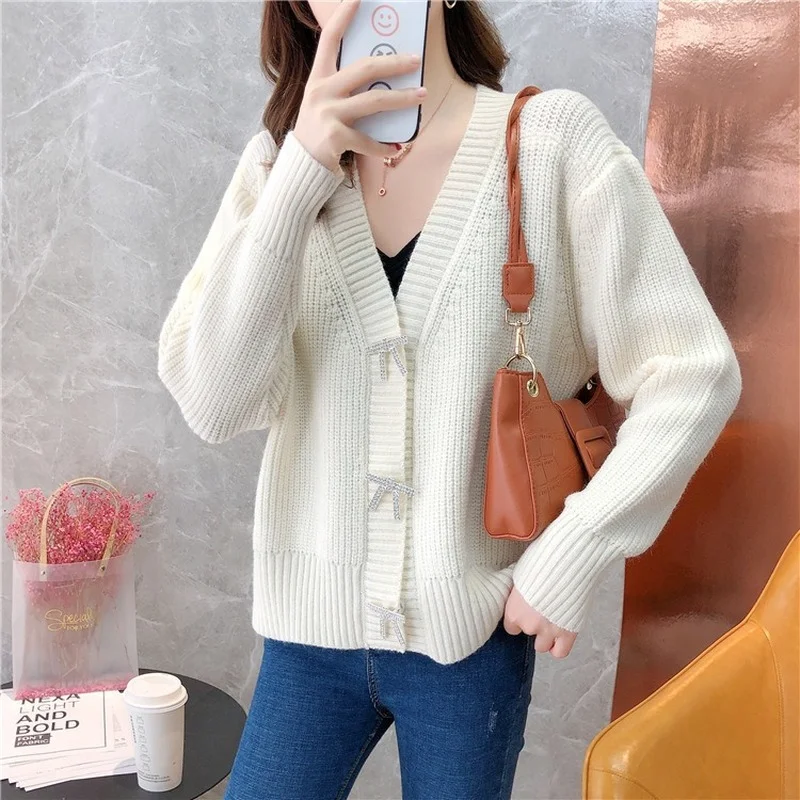 

Женский трикотажный кардиган, свитер с V-образным вырезом и бантом, в Корейском стиле, весна 2022