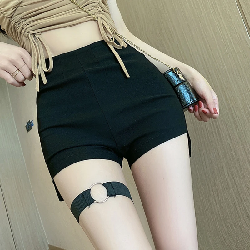 

2022 New summer Gothic High Waist Shorts Women Clothing Slim Skinny Sexy Black Bottoms Wear Side Slit Punk Short Femme