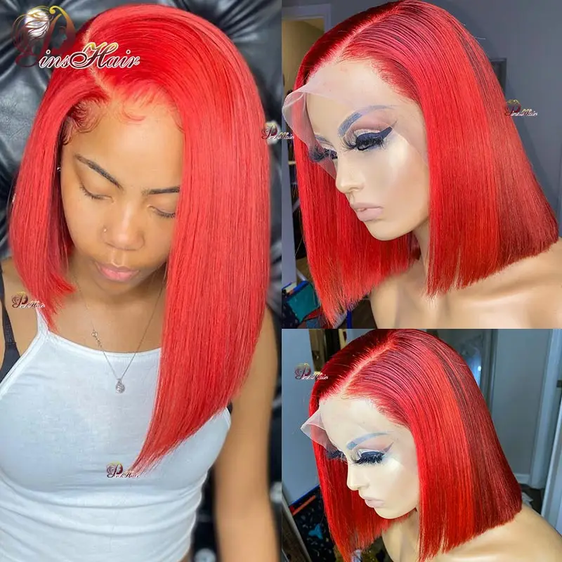 Hot Red 13x4 Lace Front Human Hair Wigs Short Bob Wigs For Women Brazilian Remy Transparent Lace Front Wig Bone Straight Bob Wig