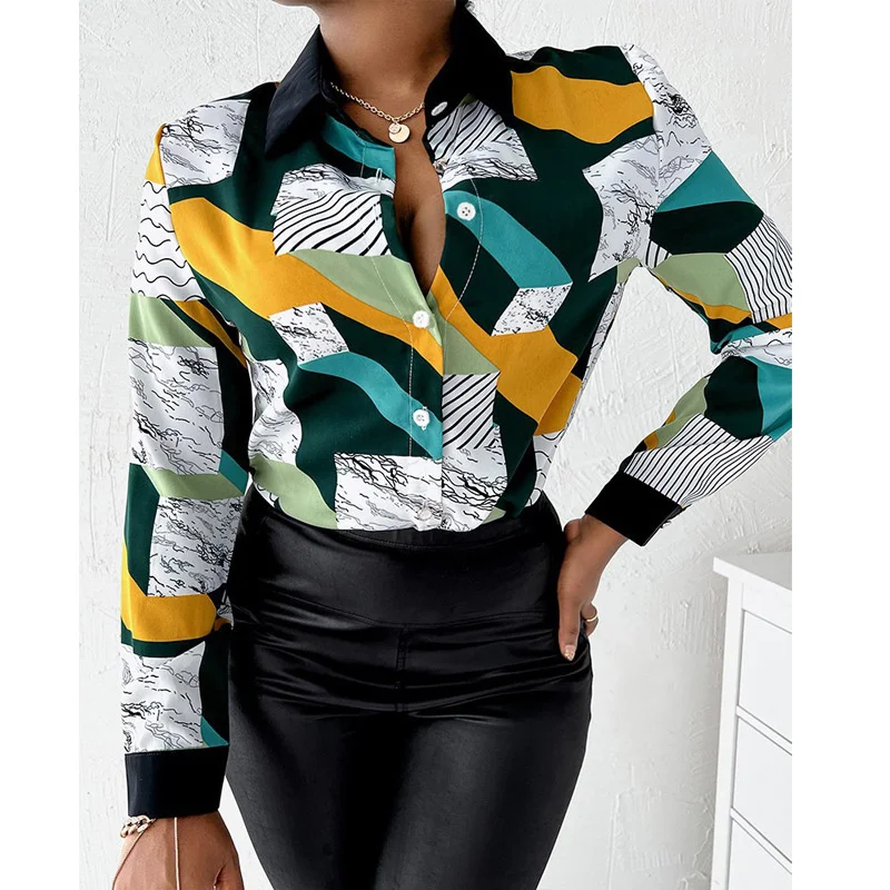 

Women's Collared Shirt Long Sleeve Spring Autumn Jacket Lapel Button Printed Shirt Women Blouse Fashion Tops