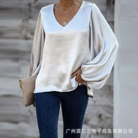 womens t shirt top summer solid color pullover loose t shirt womens fashion v neck puff sleeve t shirt