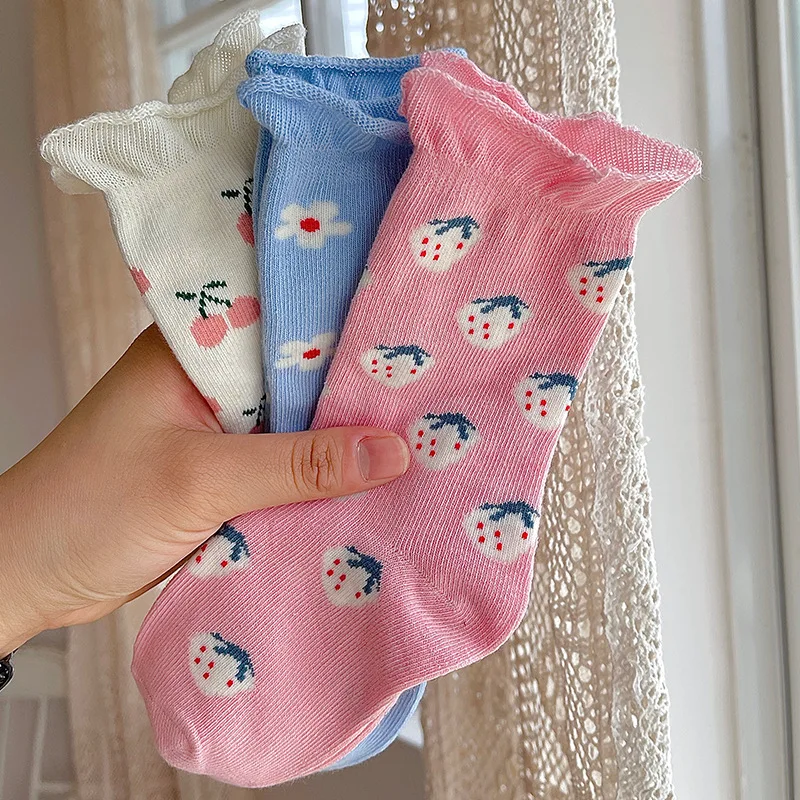 

Spring Summer Girls Knee Floral Socks Cure Fruit Cotton High Socks 3 pairs pack