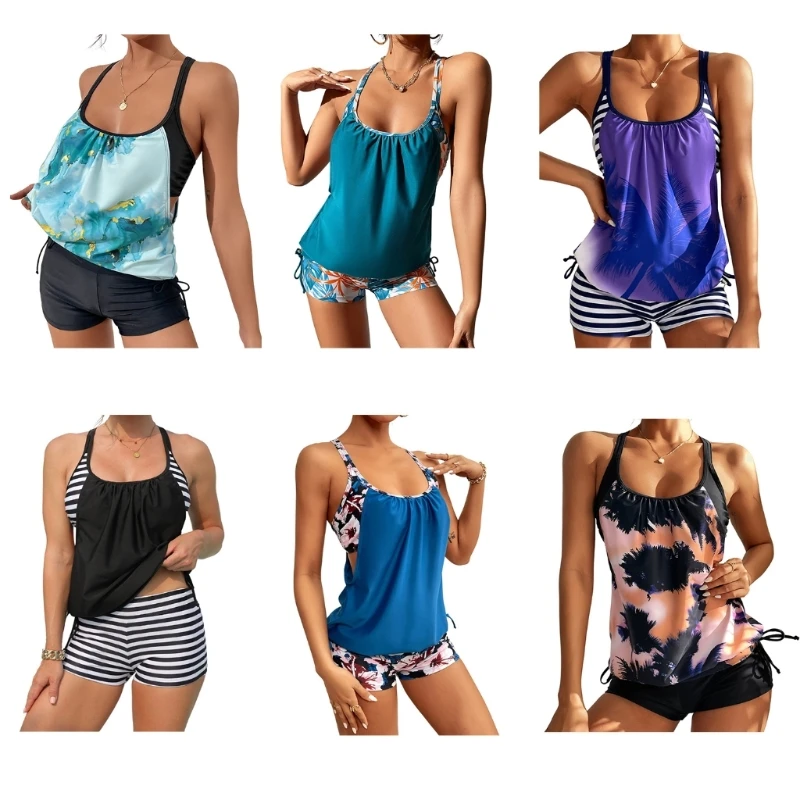 

2 Pieces Bathing Suit for Women Digital Print Swimsuit with Boy Shorts Beachwear