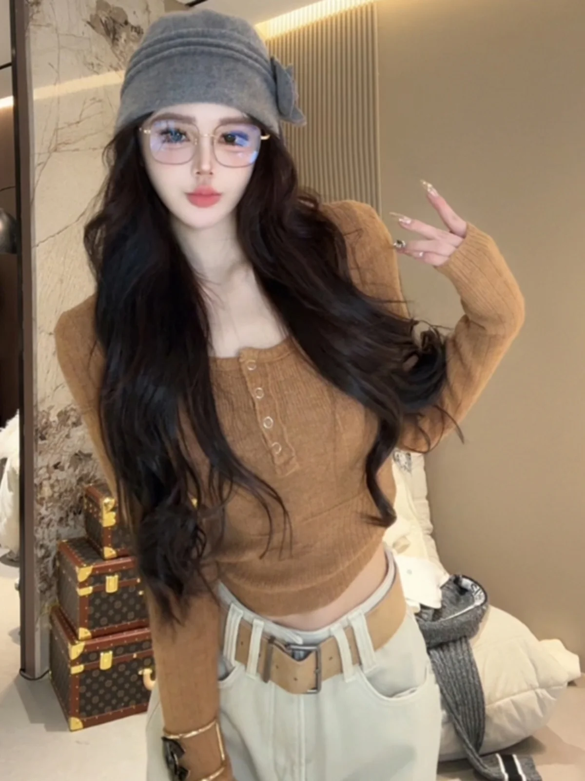 Корейская серия трикотажная женская одежда с половиной пряжки и длинными