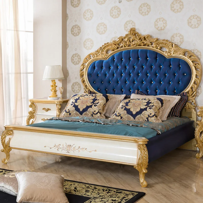

Пользовательская Европейская резная двойная кровать из цельной древесины, французская Роскошная тканевая кровать, вилла, Главная спальня, большая кровать из золотой фольги
