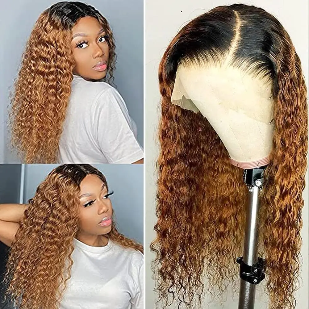 

Ombre Brown Blonde Glueless Soft Preplucked 26 inch Long 200 Density Kinky Curly Lace Front Wigs For Black Women Babyhair Daliy