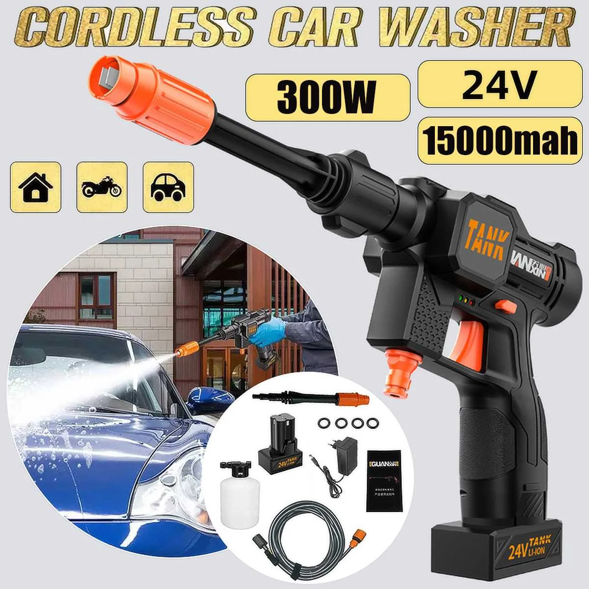 

Новинка, 24 В, 12000 мА/ч, 48 бар, беспроводная Автомойка высокого давления, портативная мойка, водяной пистолет высокого давления, пенная насадка...
