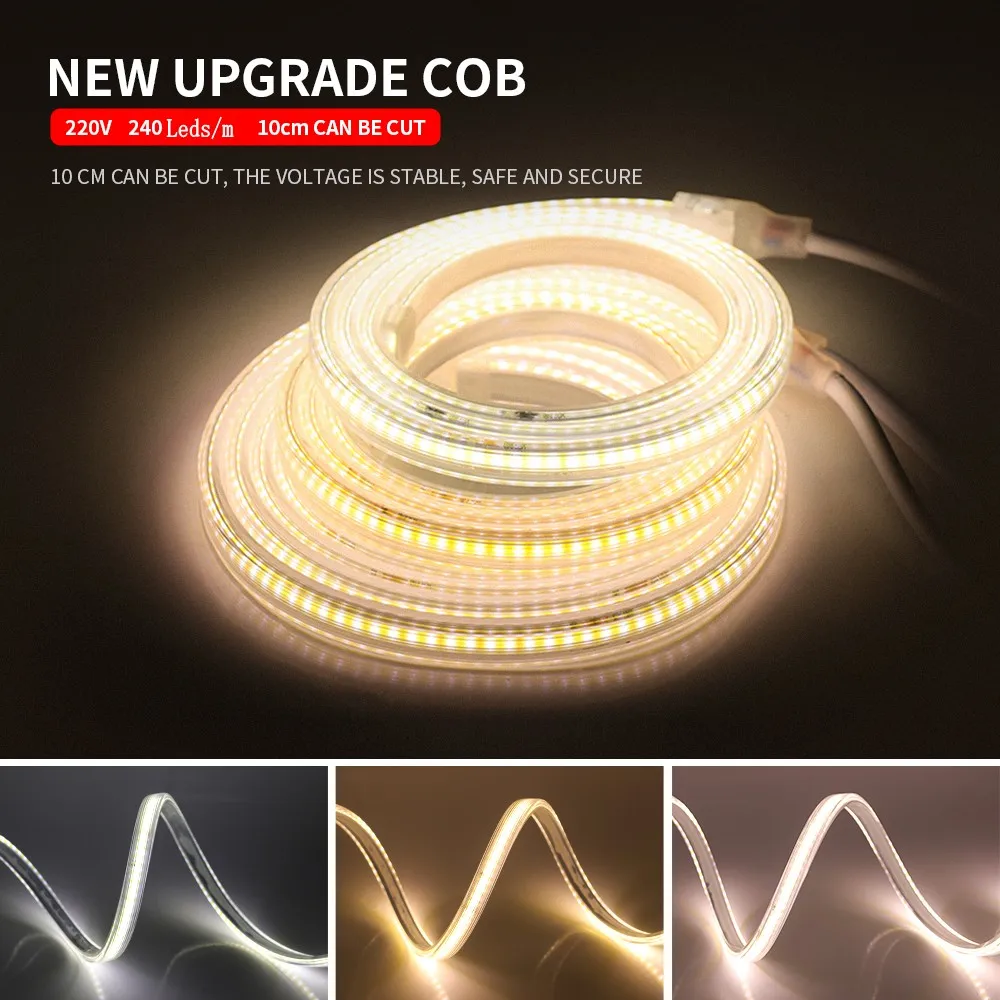 

AC 220V COB Lights IP67 Outdoor Waterproof LED Strip Light 240LEDs High Density Linear Light 10cm Cut Flexible FOB LED Tape