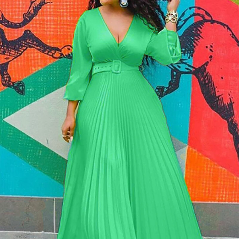 

Платье женское длинное Плиссированное с V-образным вырезом и длинным рукавом