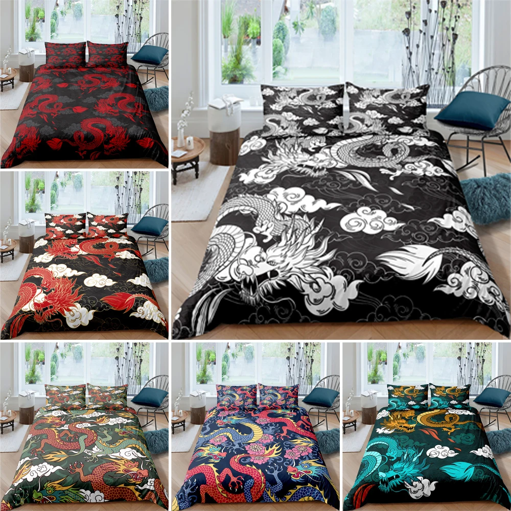 

3D Dragon Printing Duvet Cover Embroidery Style Bedding Set Adults Quilt/Comforter Cover 2/3pcs Twin Queen King Size Bedclothes