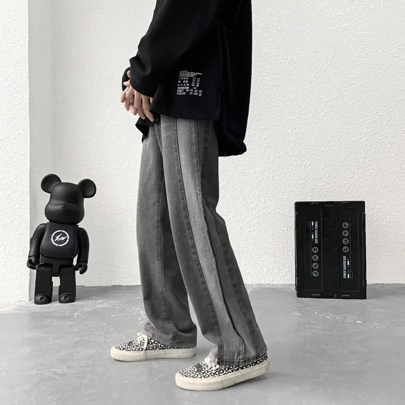 Jeans Men Design Print Mid Waist Oversize Baggy Jean Streetwear Zipper Fly Straight Denim Trousers Hip Hop Retro Ulzzang Teens