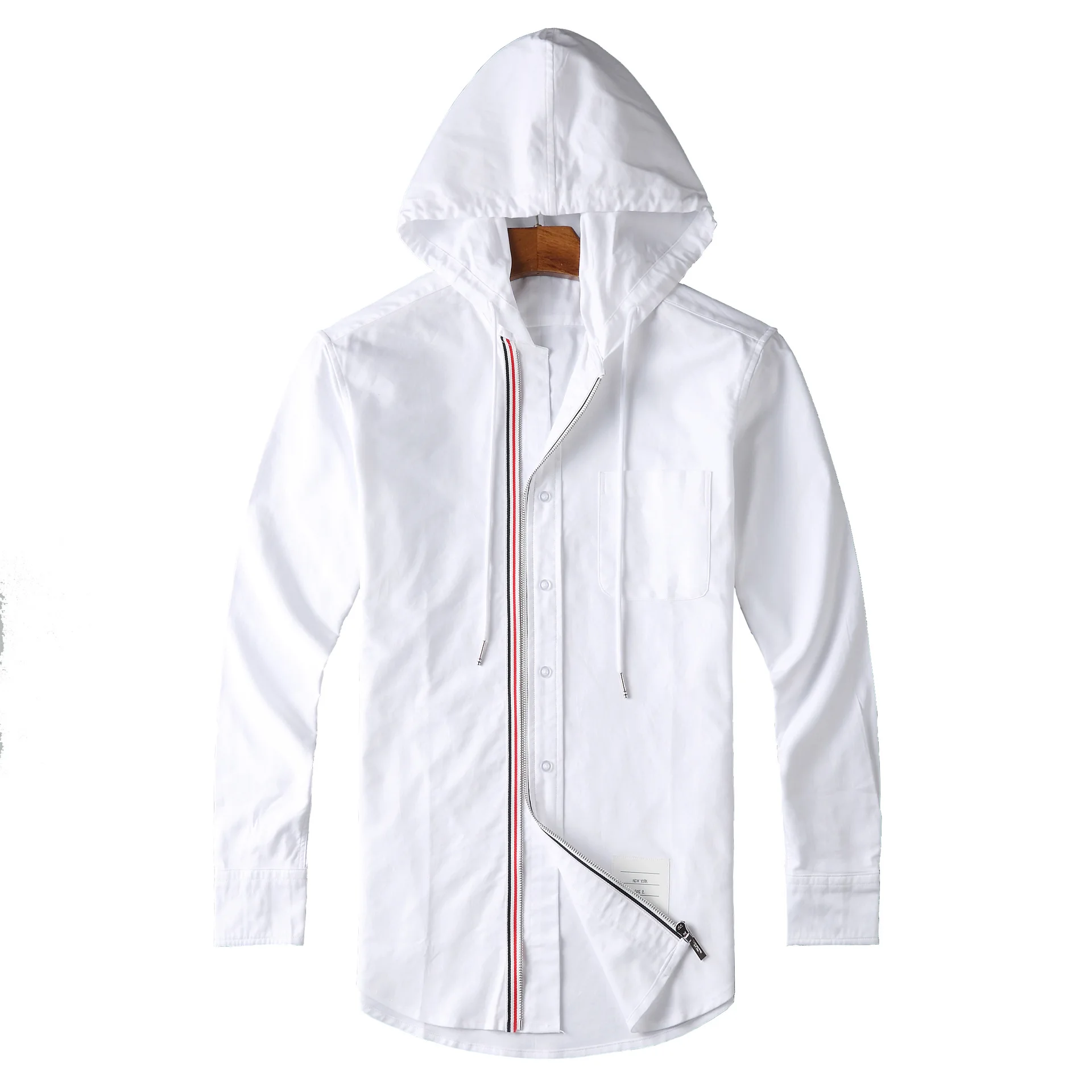 TB Man Windbreaker New Shirts Men Slim White Long Sleeve Casual Hooded Shirt Oxford Striped Fabric Solid Men's Clothing