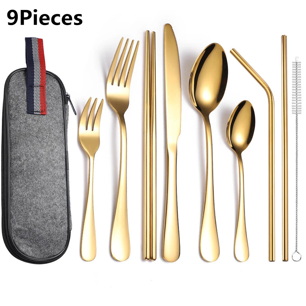 

9Pcs Tableware Set Golden Cutlery Set Stainless Steel Knife Fork Spoon Tableware Flatware Set Festival Kitchen Dinnerware Gift