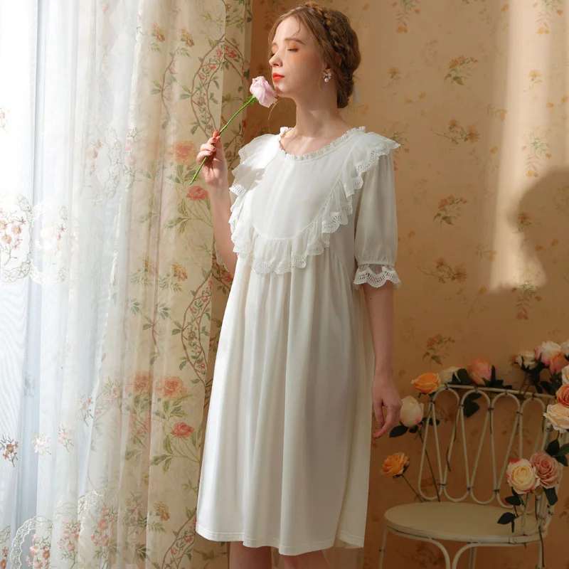 Sweet Nightgown Women Cotton Lace Cute Sleepdress French Court Cute Nightdress Spring Vintage Retro Princess Sleepwear Nightwear