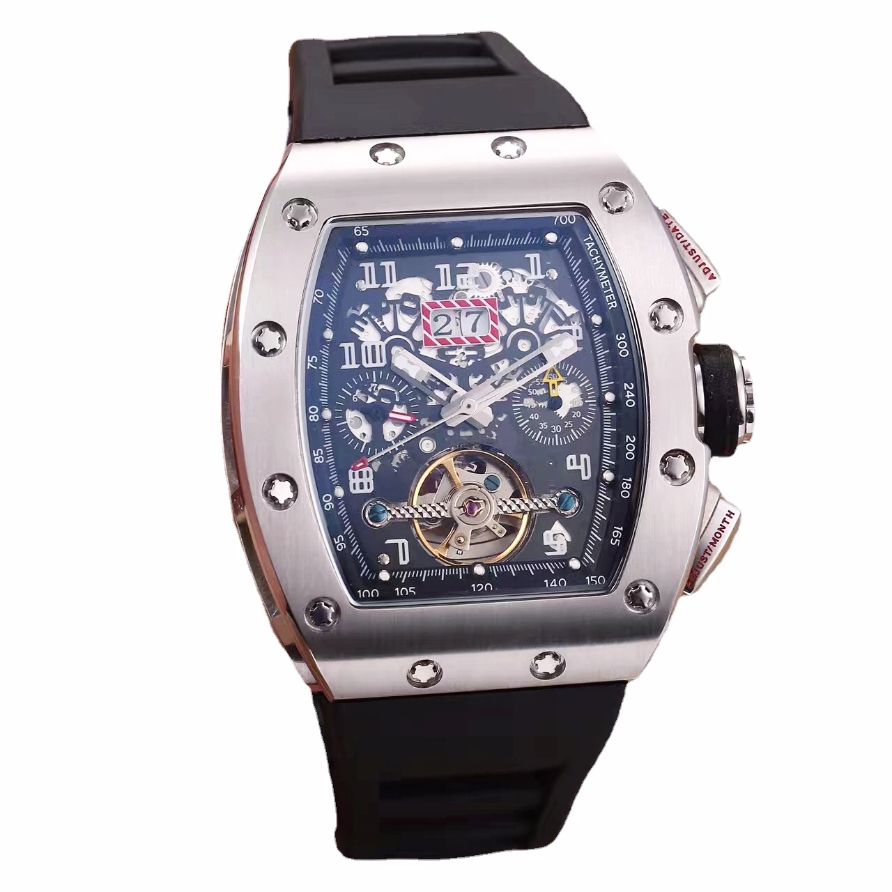

Luxury Mens Automatic Mechanical Watch Stainless Steel Black Rubber Rose Gold Tourbillion Calendar