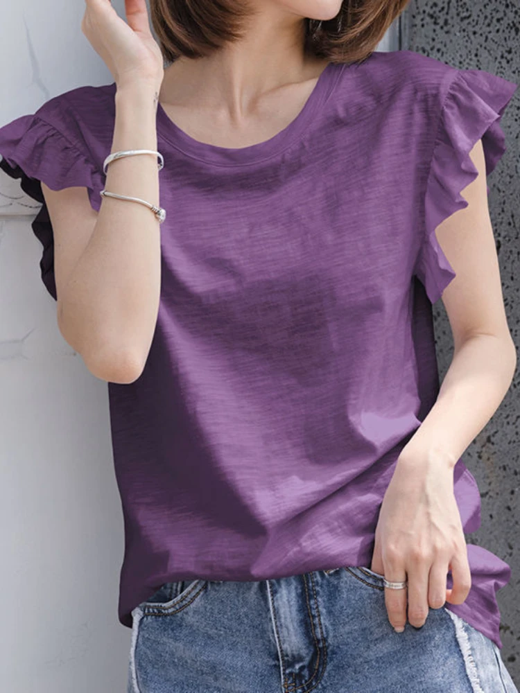 

Summer Cotton Loose T-shirt Women's Lotus Leaf Short-sleeve Top New Korean Ladies Solid Color Tee Lady Bottoming Shirts