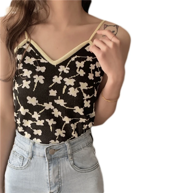 

Women Spaghetti Strap Knit Camisole V-Neck Colorful Floral Sweater Crop Vest