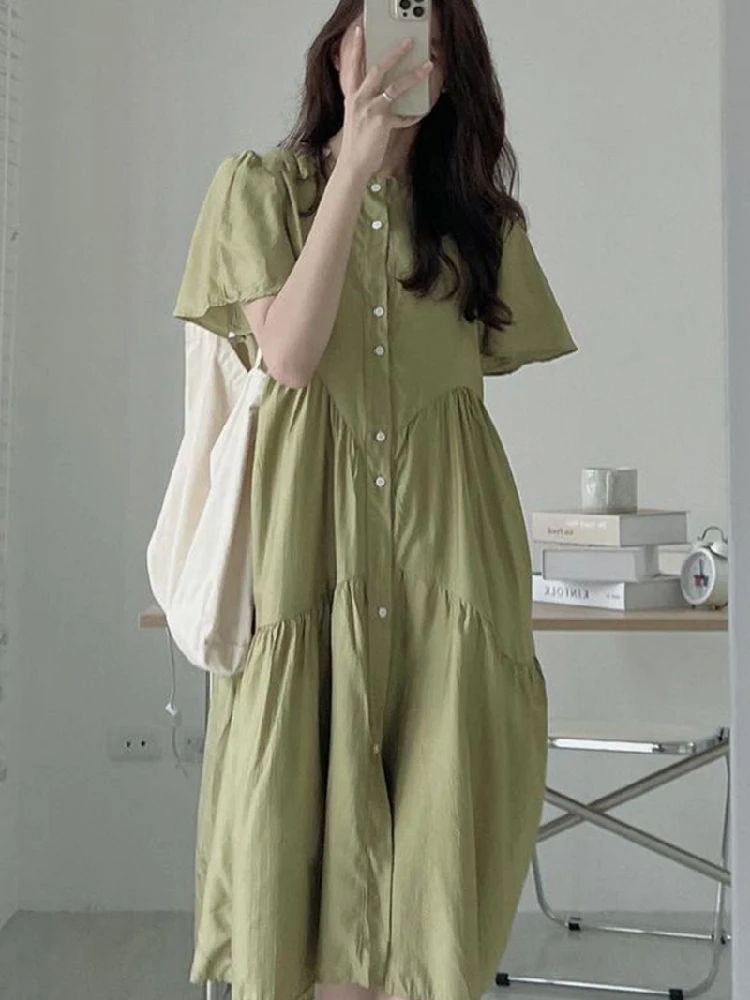 

Women Dresses Solid Korean Chic Summer Robe Retro Simple Round Neck Pleated Waist Flying Sleeve Long Slit Shirt Dress Women