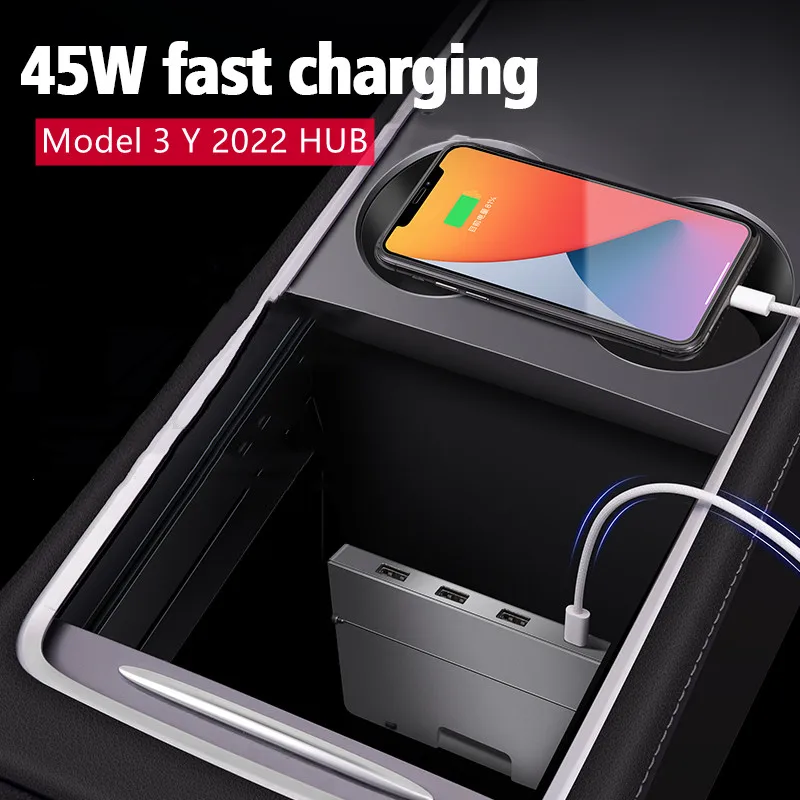 

For Tesla 2021 2022 Model 3 Model Y 45W Quick Charger Docking Station USB Shunt Hub Decoration Interior Trim Refit Accessories