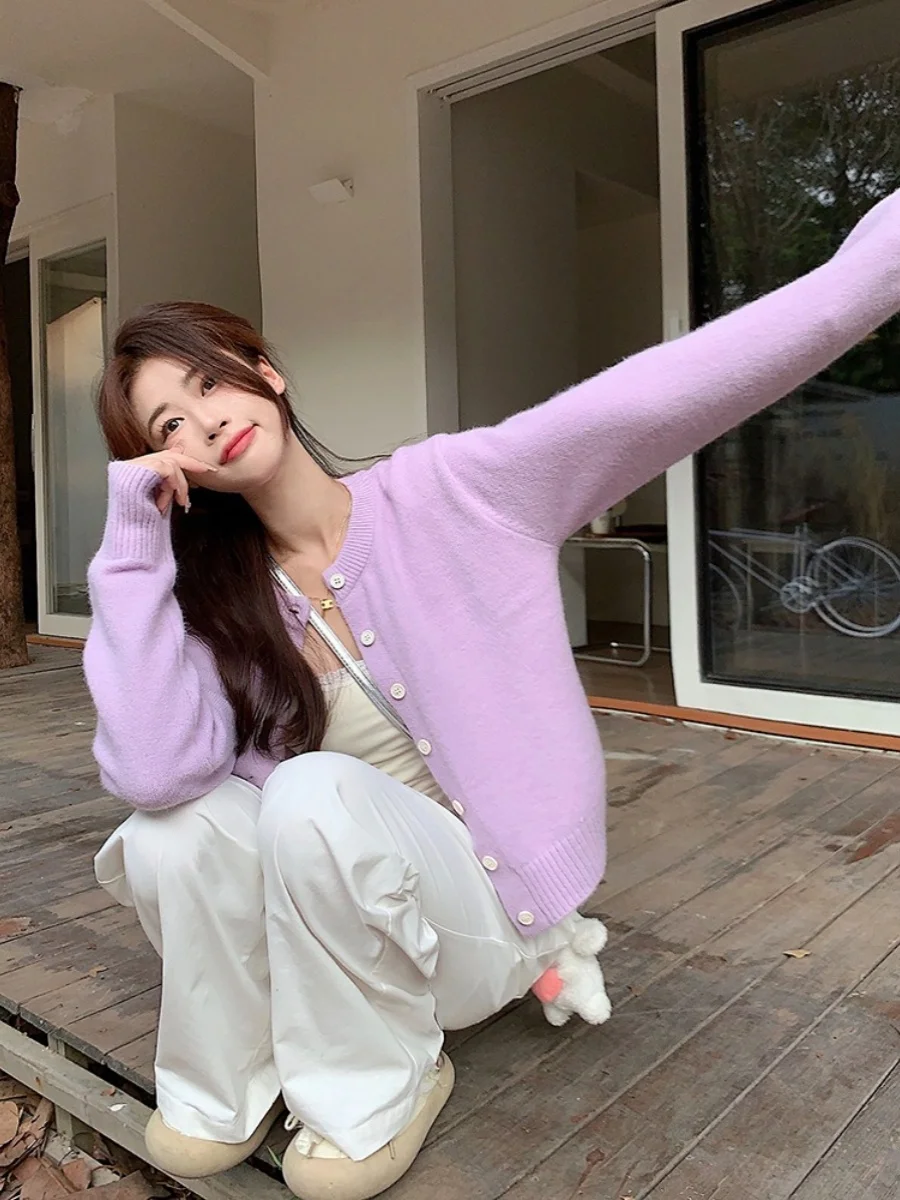 Gaganight Женский Пурпурный мягкий липкий свитер с круглым вырезом пальто 2024 Ранняя