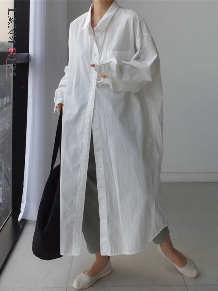 

LANMREM Loose Long White Dress Women Fashion Thin Casual Sunscreen Single Breasted Dresses Female 2022 Summer New 2R2167