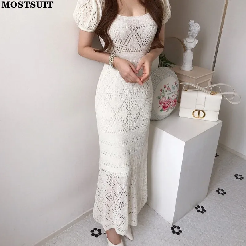 

Summer Korean Knitted Long Dress Women Short Sleeve Slim Waist Hollow Out Mermaid Dresses Elegant Fashion Ladies Vestidos 2022