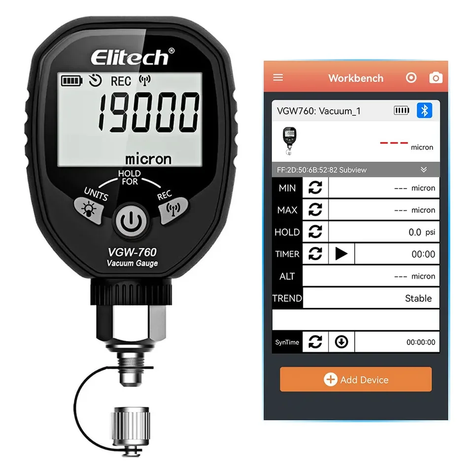 Фото Новый беспроводной цифровой вакуумметр Elitech 2026 года, 0-19000 микрон, для хладагентов, 1/4 дюйма SAE, модель VGW-760 №2