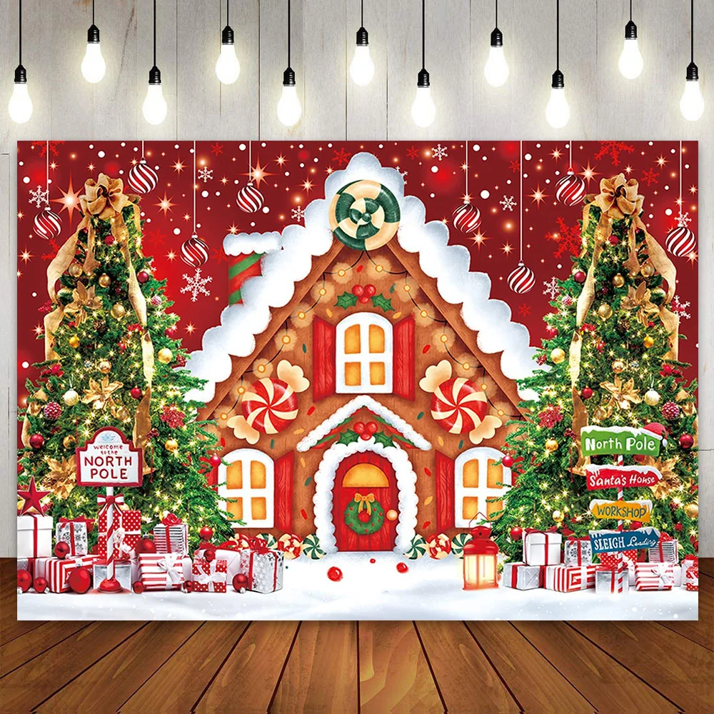 Christmas Gingerbread Candy House Photo Backdrop Tree Snowflakes Red Background Warm Winter Decor Happy New Year Party for Kids