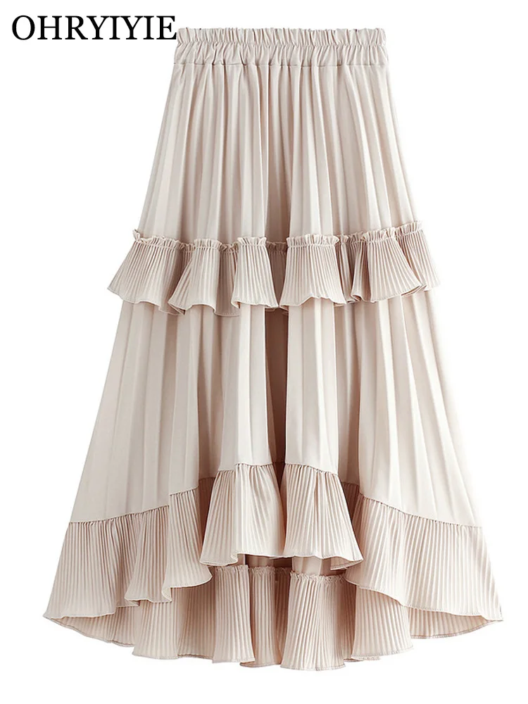 

OHRYIYIE Beige White Vintage Ruffle Midi Long A-line Skirt Women 2022 Autumn Winter High Waist Irregular All-match Skirts Female